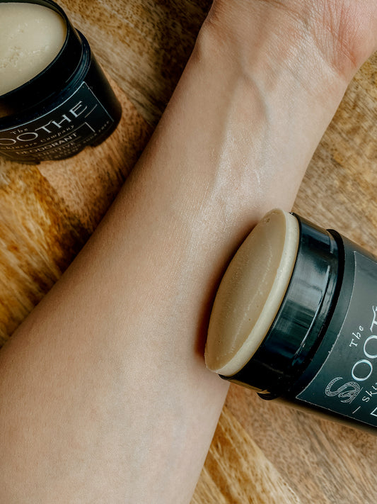 Soothe Deodorant 2.5 oz aluminum-free stick applied to underarm