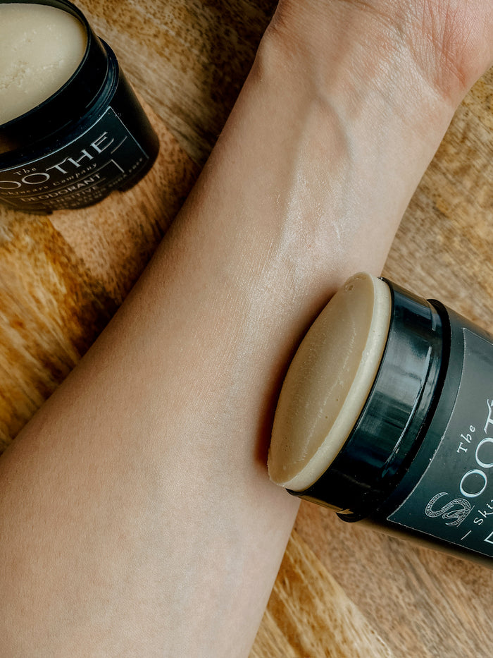 Soothe Deodorant 2.5 oz aluminum-free stick applied to underarm
